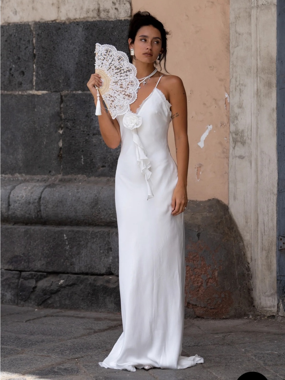 12th Tribe White Slip Maxi Dress with Floral Ruffle - Picture 1 of 2